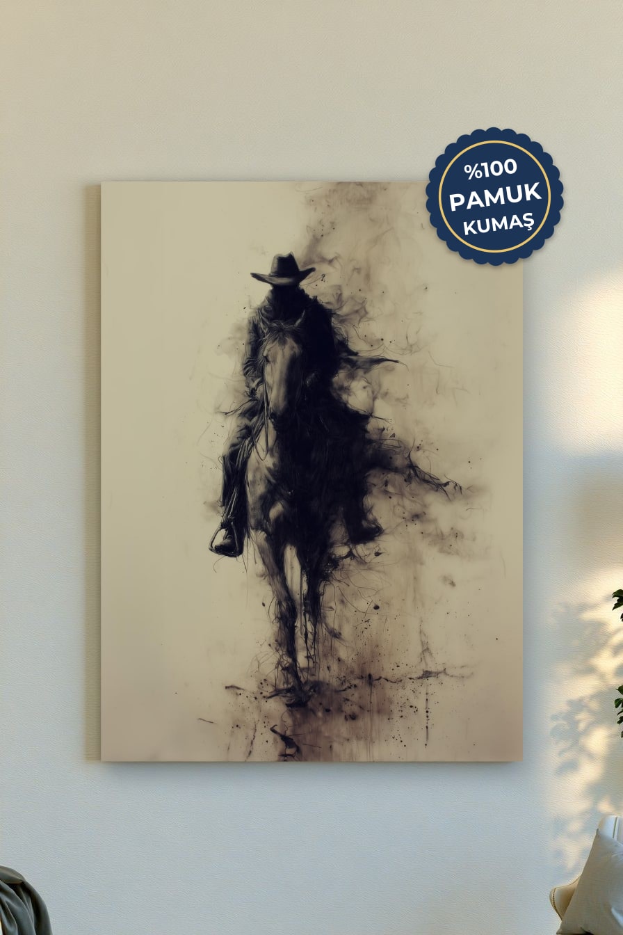 Yalnız Ka Cowboy Kanvas Tablo - Siyah Beyaz Vurgusu