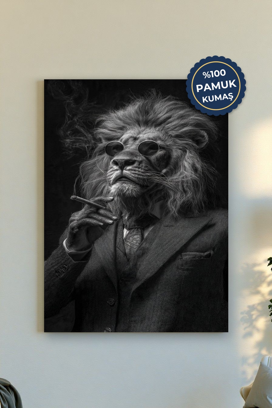 Aslan Temalı Kanvas Tablo - Siyah Beyaz
