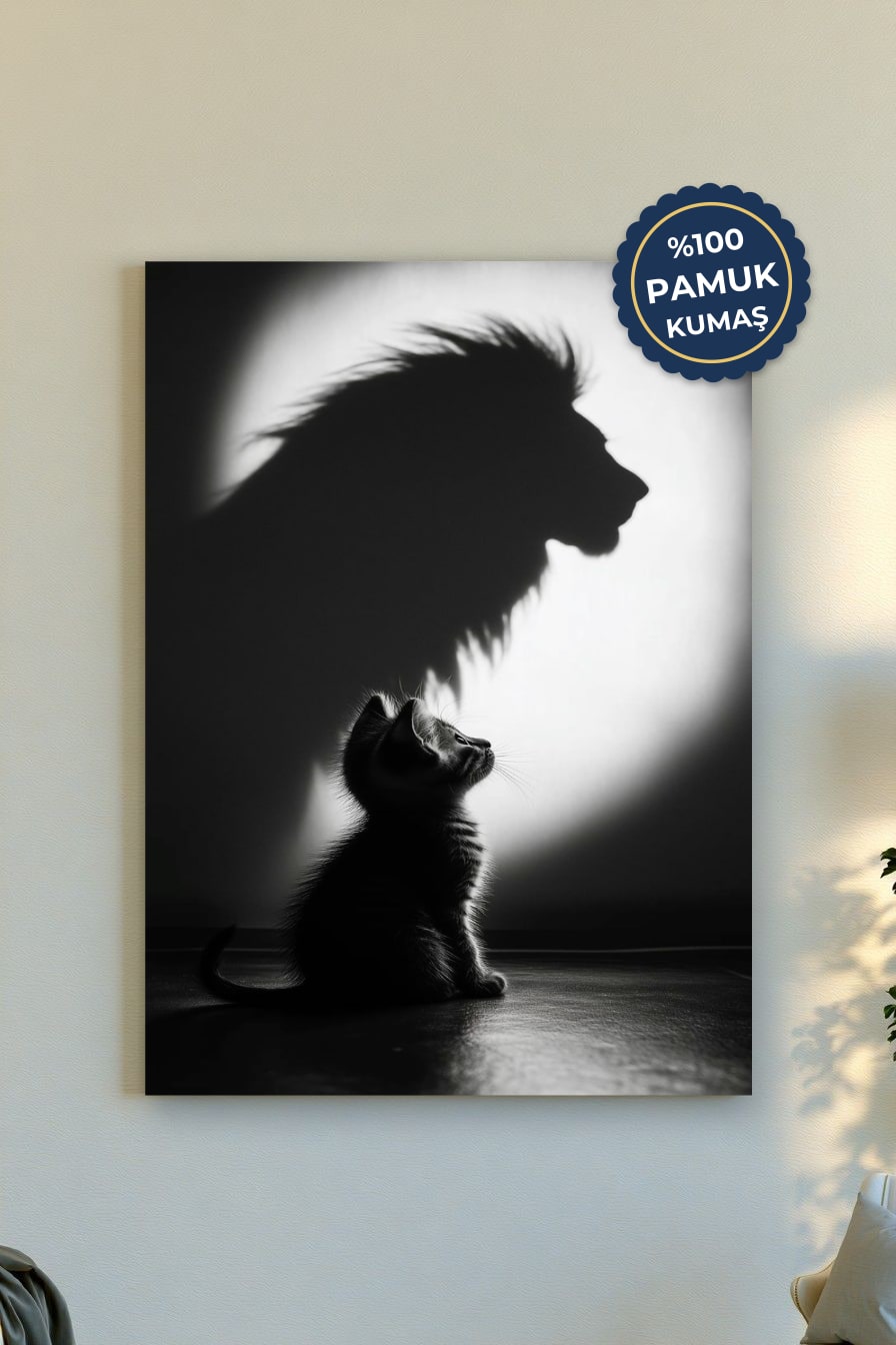 Kedi ve Aslan Gölgeleri Kanvas Tablo - Siyah Beyaz
