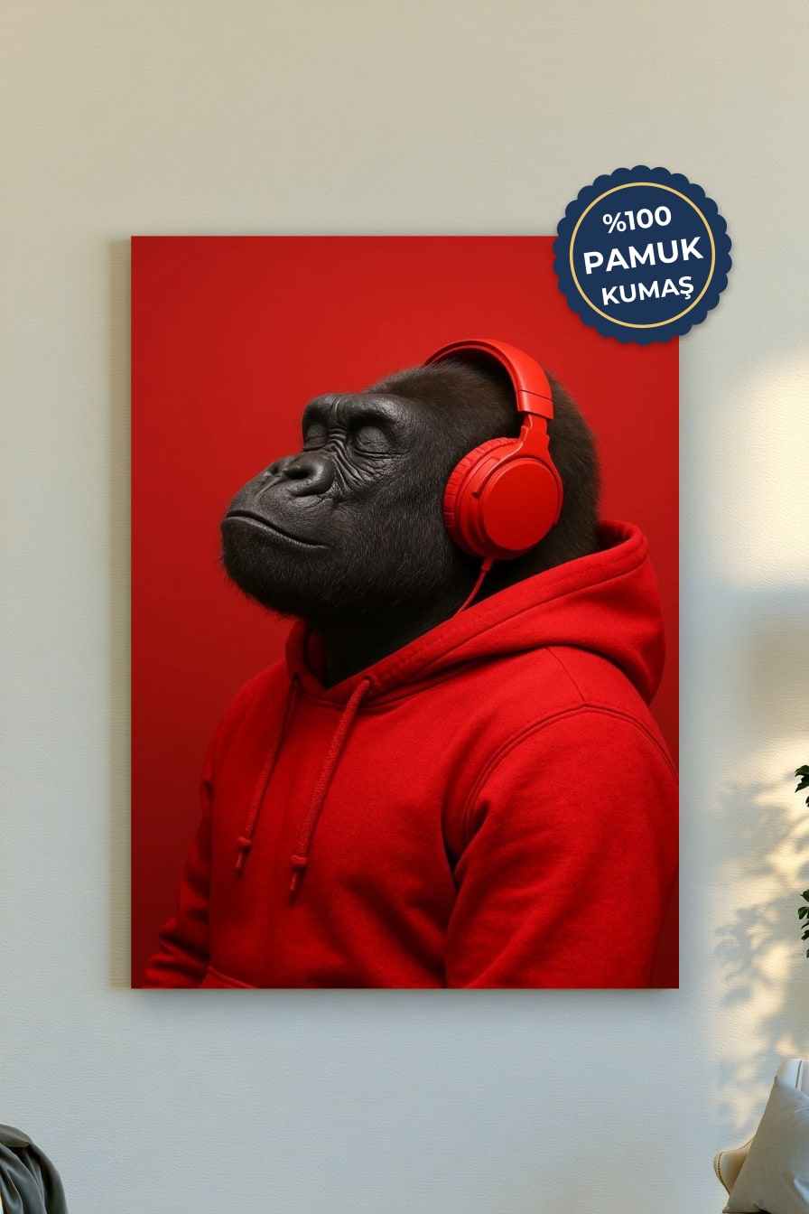 Müzik Dinleyen Gorilla Kanvas Tablo - Kırmızı Vurgusu