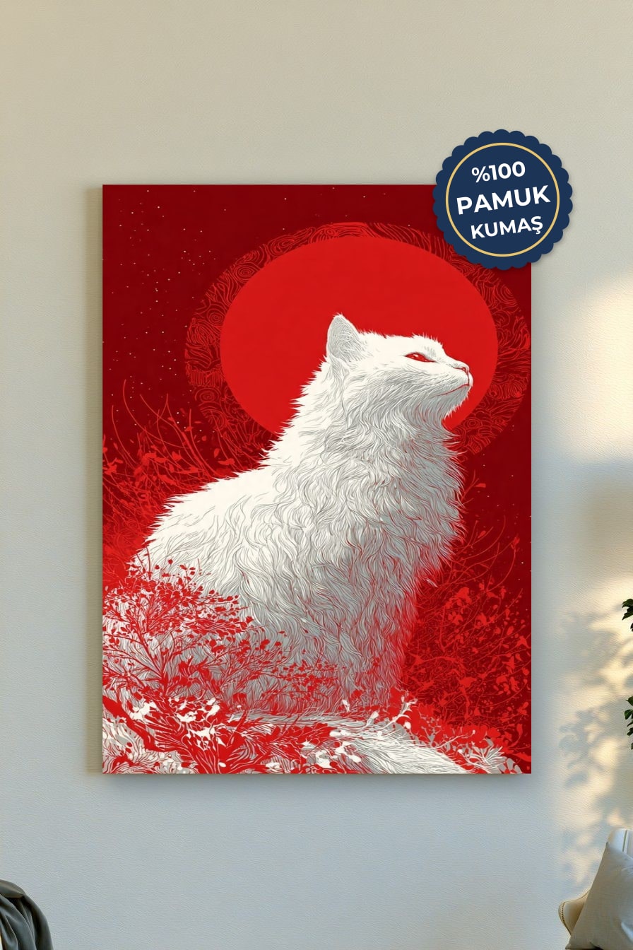 Beyaz Kedi Kanvas Tablo - Kırmızı ve Soyut Vurgusu