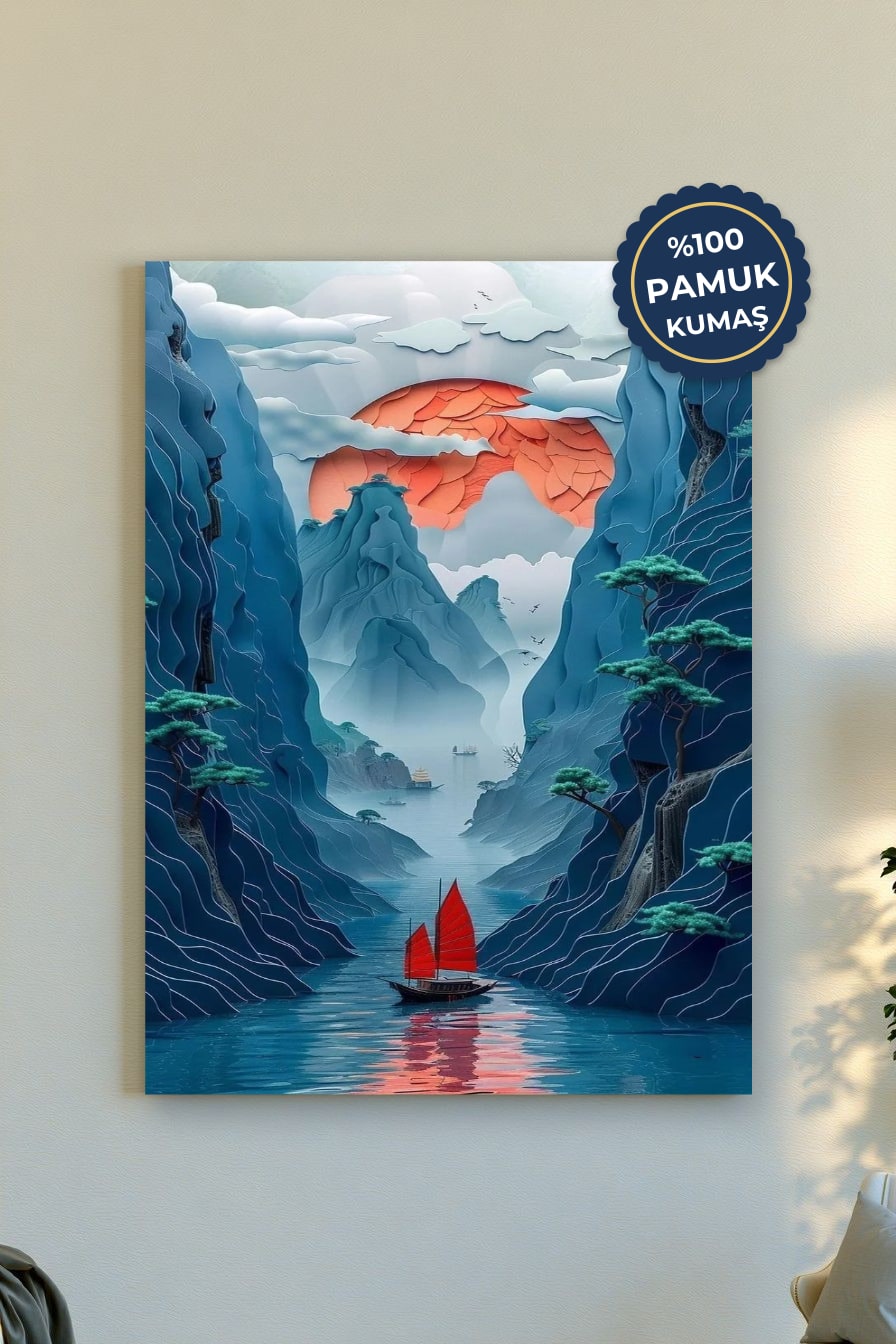 Dağlı Manzara Kanvas Tablo - Mavi ve Kırmızı Vurgusu