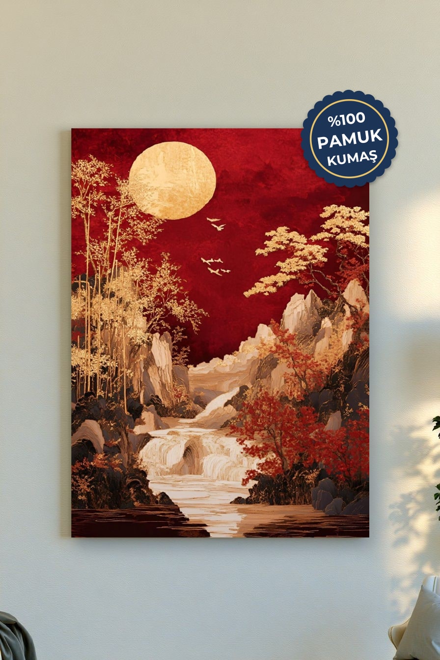 Doğa Manzarası Kanvas Tablo - Kırmızı ve Altın Vurgusu