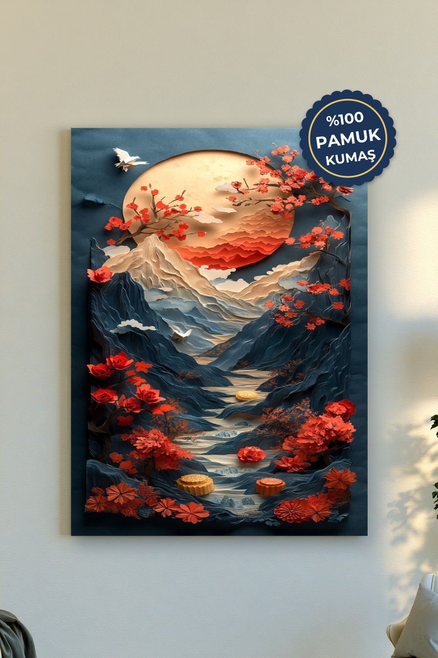 Dağ Manzarası Kanvas Tablo - Kırmızı ve Mavi Vurgusu
