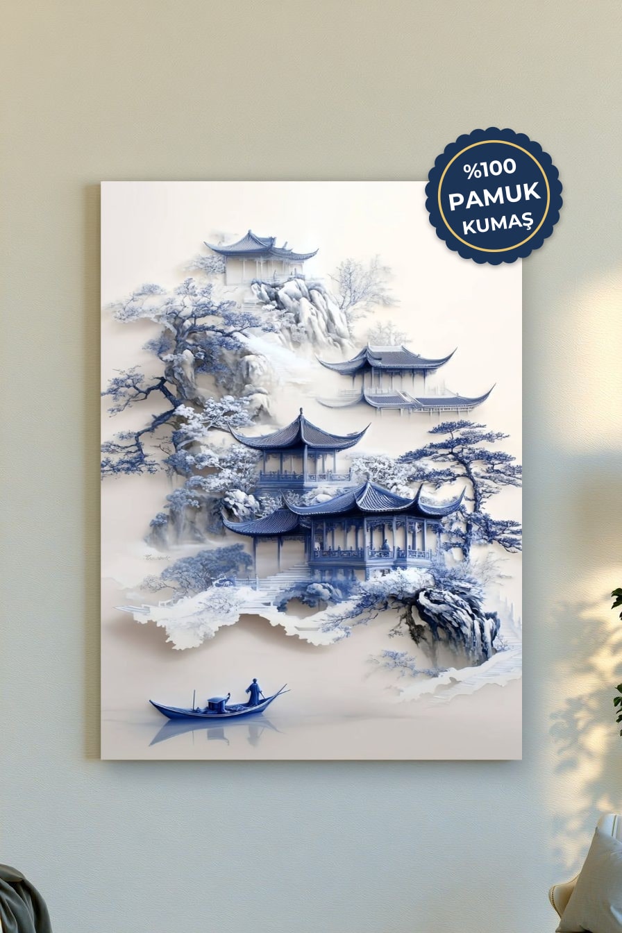 Asya Manzarası Kanvas Tablo - Mavi ve Beyaz Vurgusu