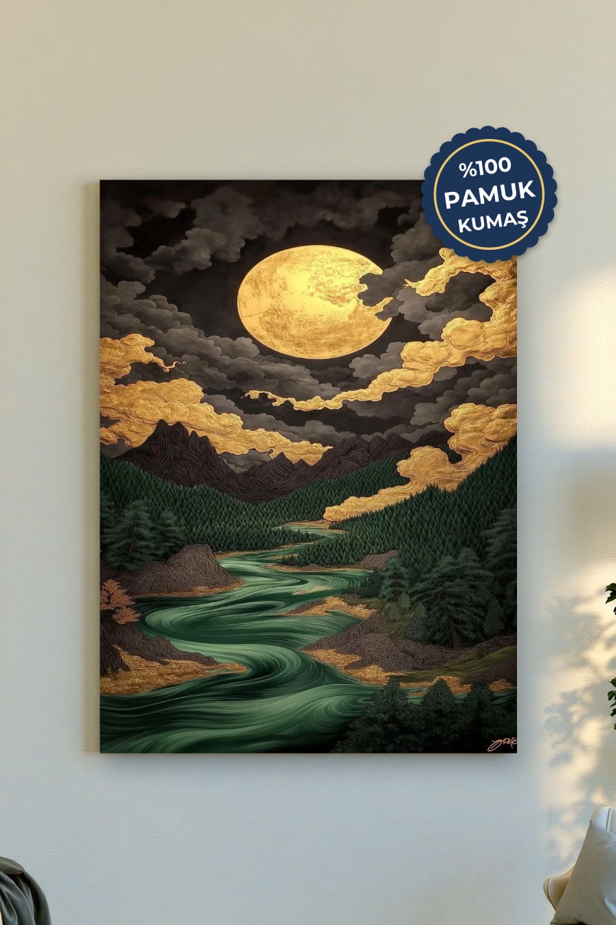 Gece Manzarası Kanvas Tablo - Altın Detaylı