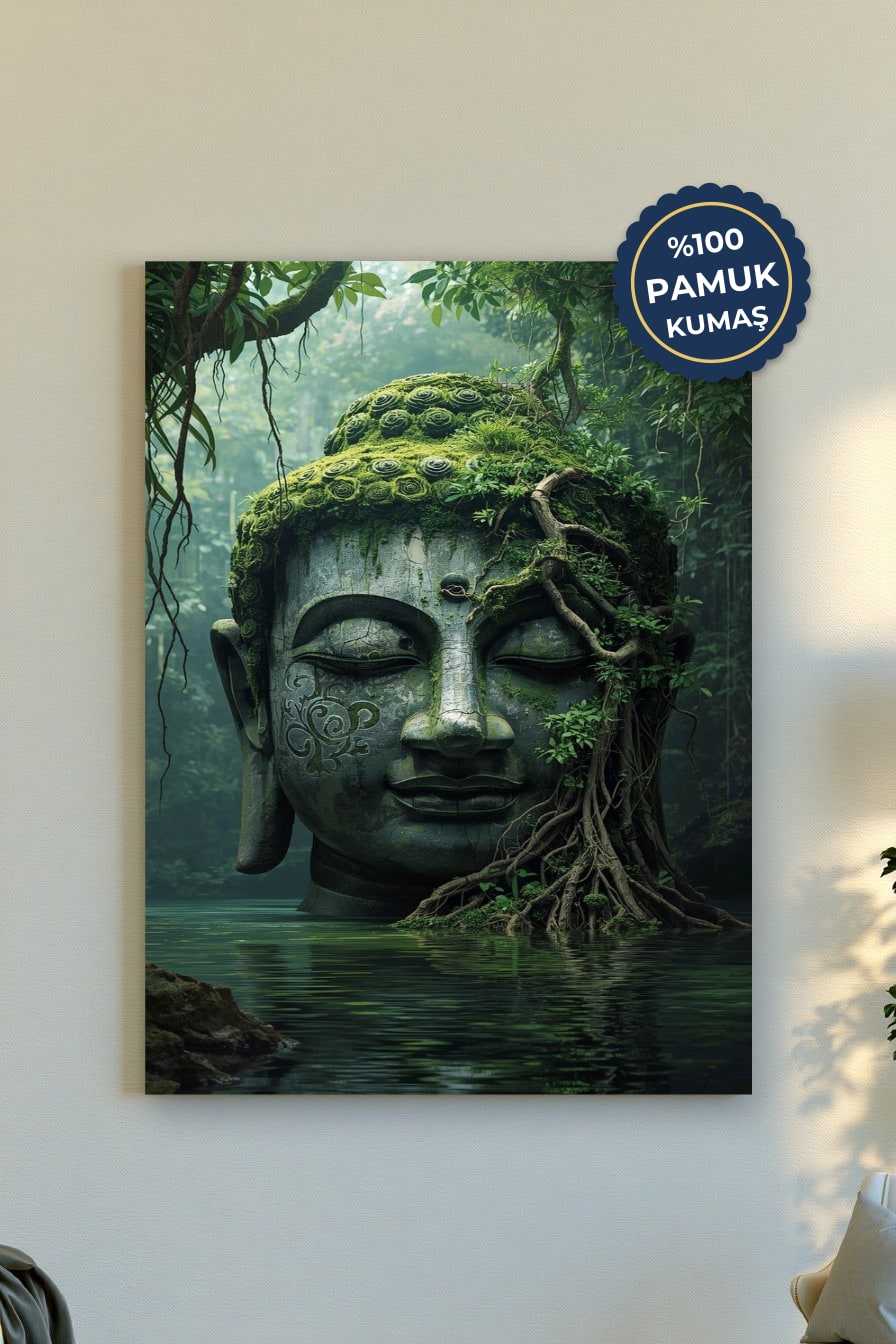 Buddha Heykeli Kanvas Tablo - Doğal Yeşil Vurgusu