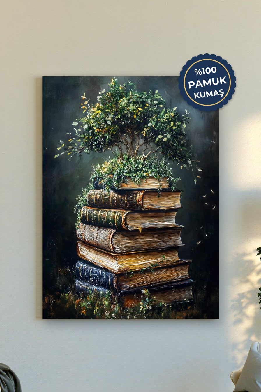 Kitaplar ve Ağaç Kanvas Tablo - Doğa Temalı