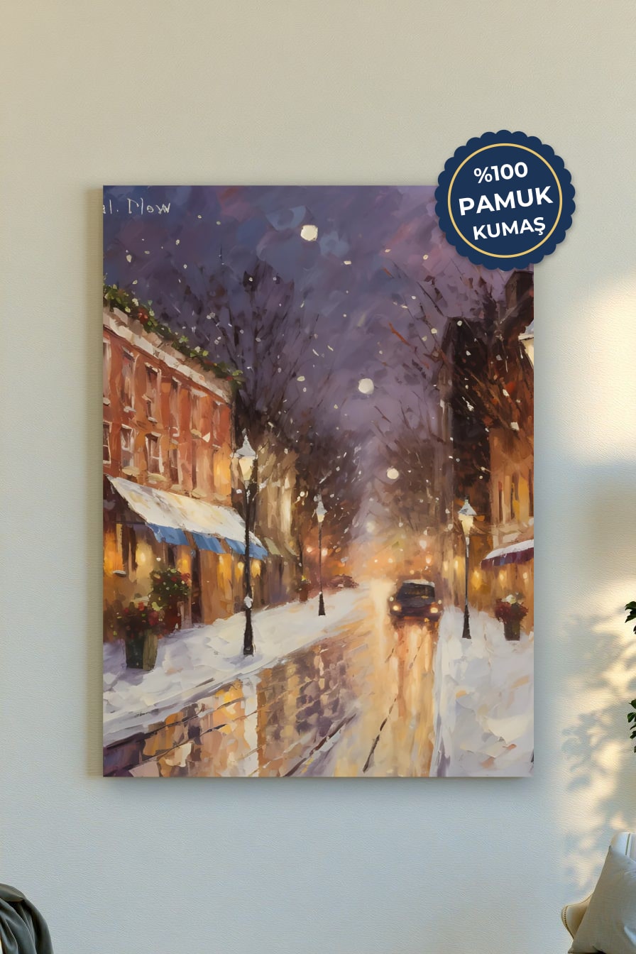 Karlı Sokak Manzarası Kanvas Tablo - Romantik ve Sıcak Tonlar