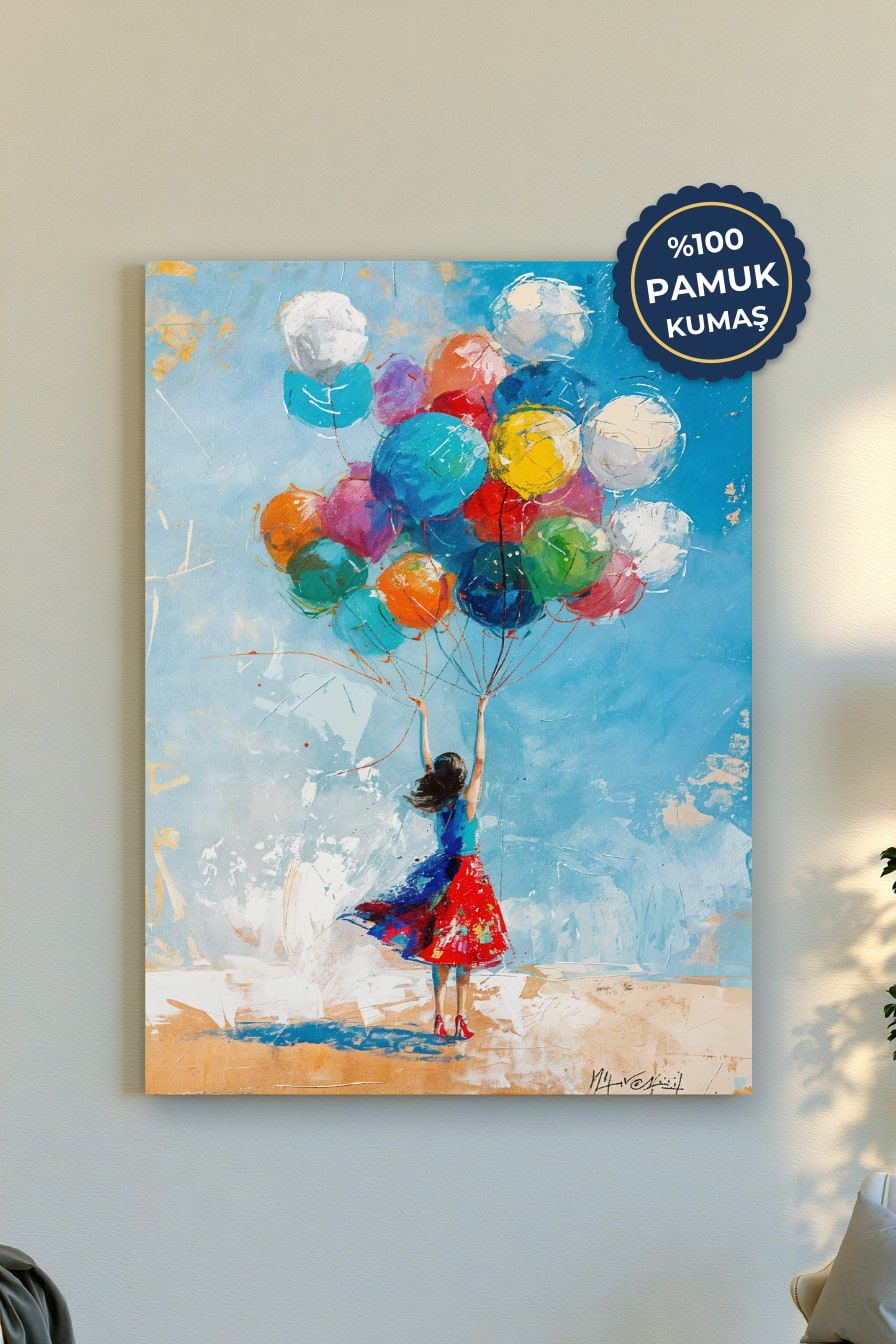 Balonlu Kız Kanvas Tablo - Renkli ve Neşeli