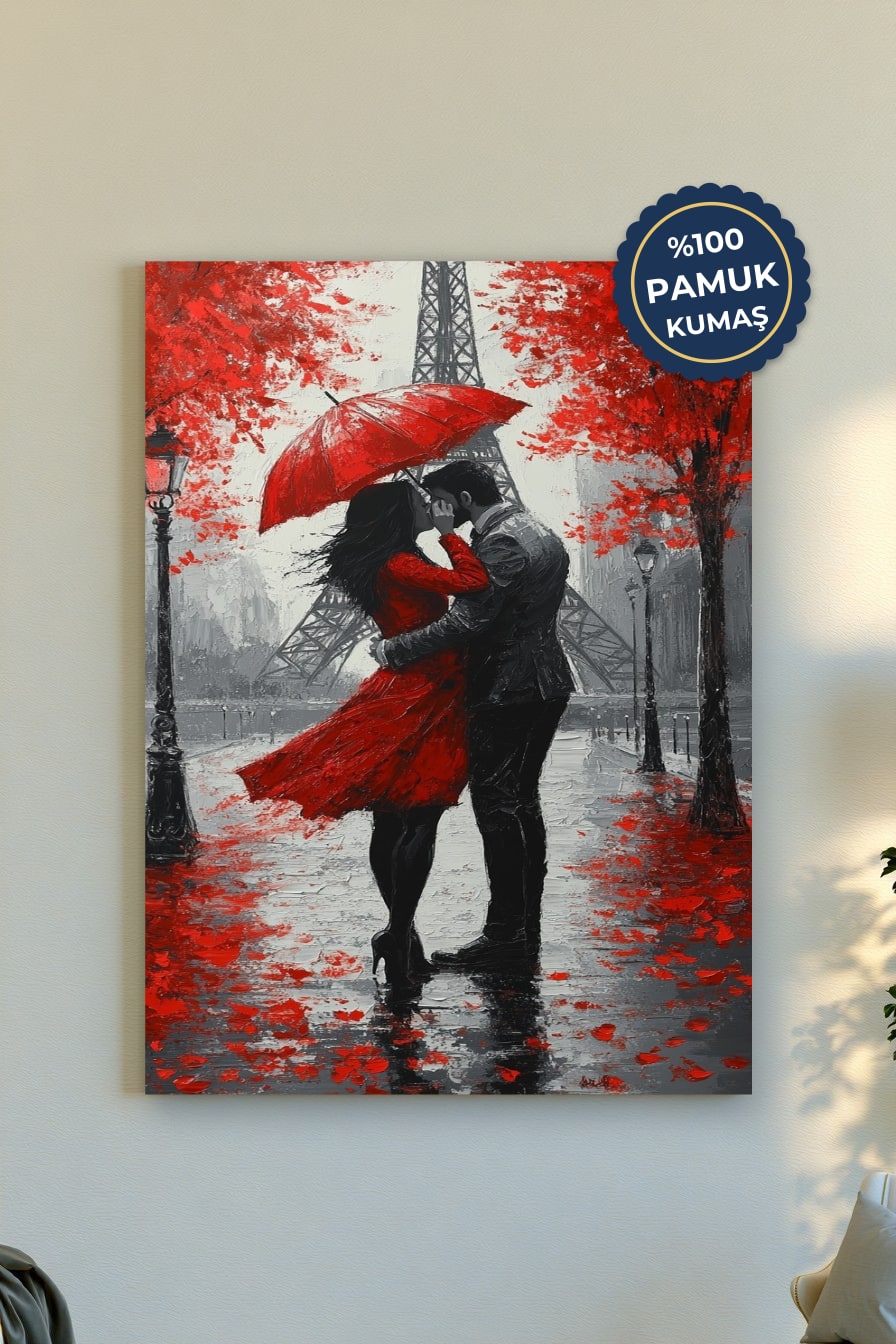 Aşk ve Eiffel Kulesi Kanvas Tablo - Kırmızı ve Siyah Vurgusu