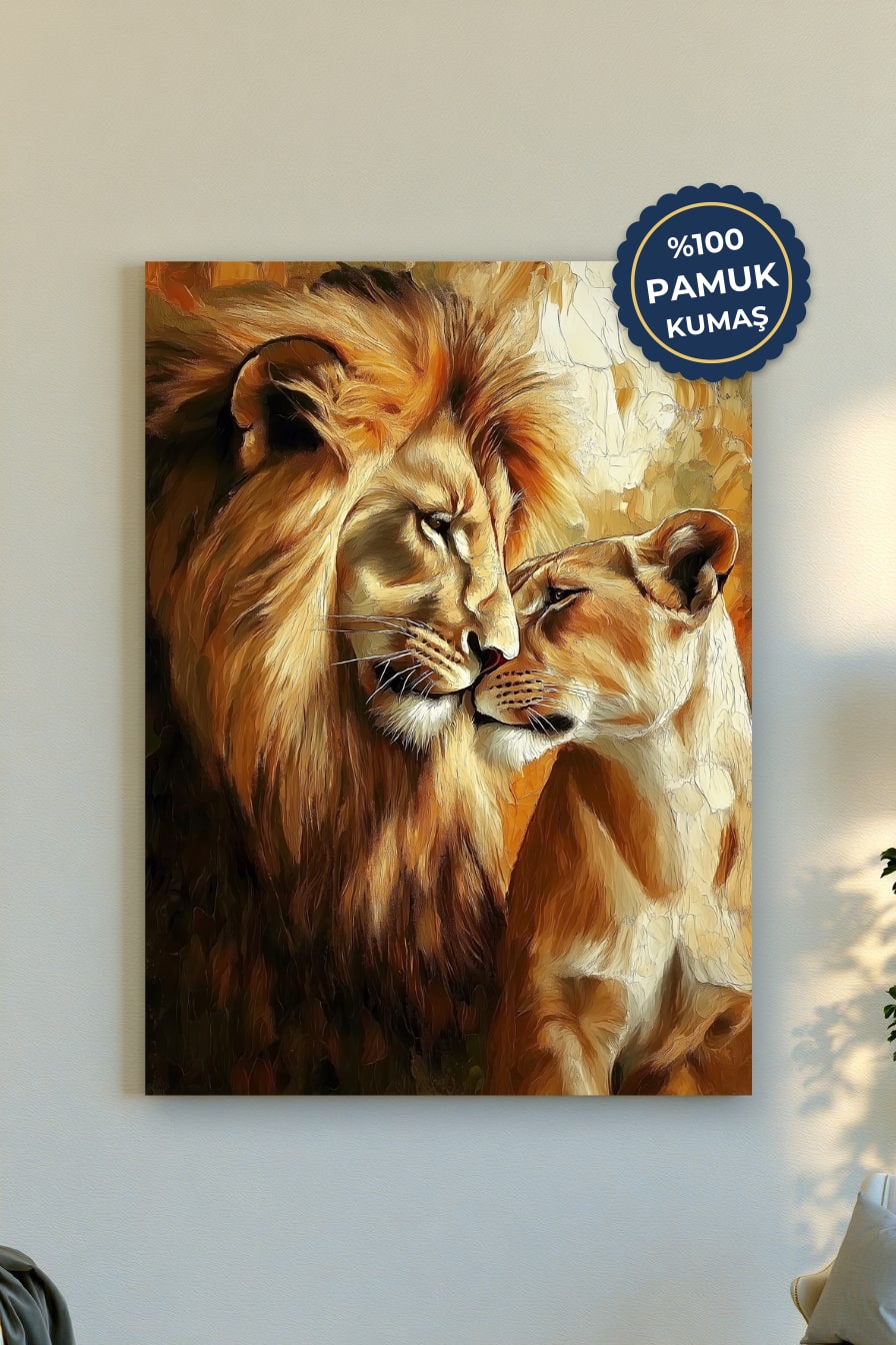 Aslan ve Dişi Aslan Kanvas Tablo - Sıcak Tonlar