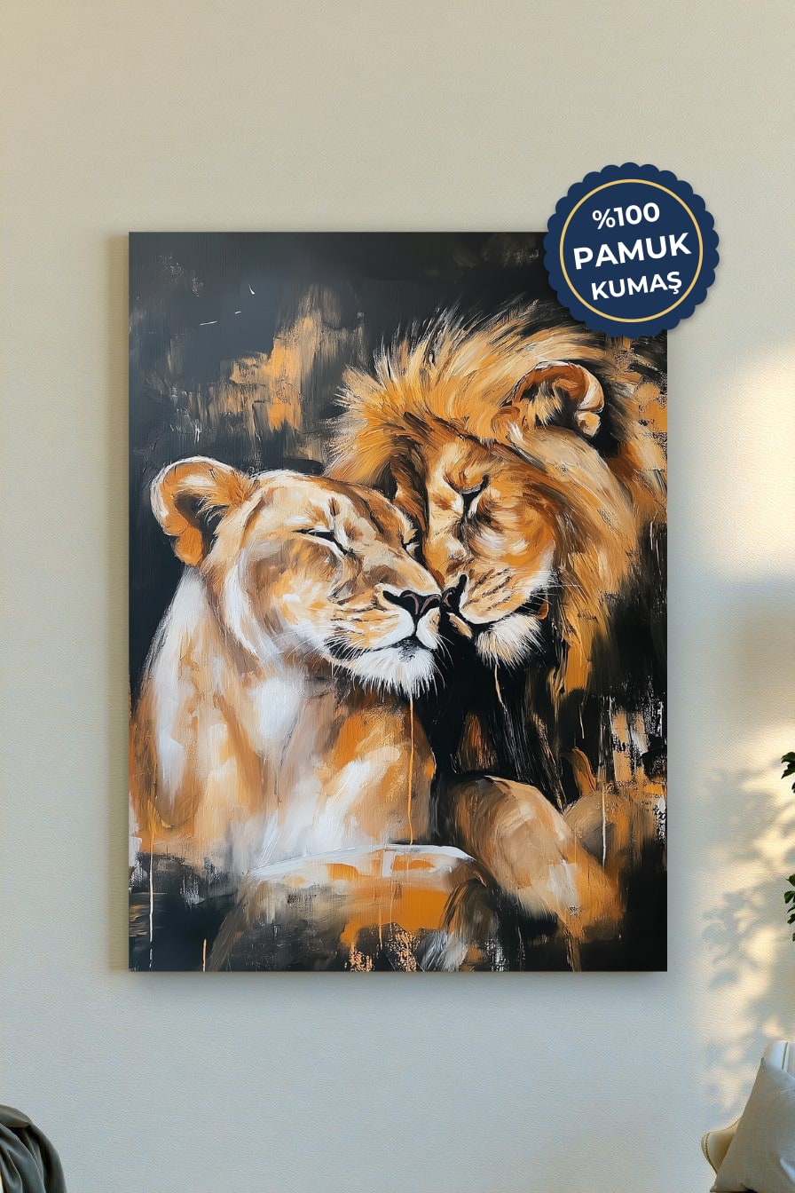 Aslan ve Dişi Aslan Kanvas Tablo - Canlı Renk Vurgusu