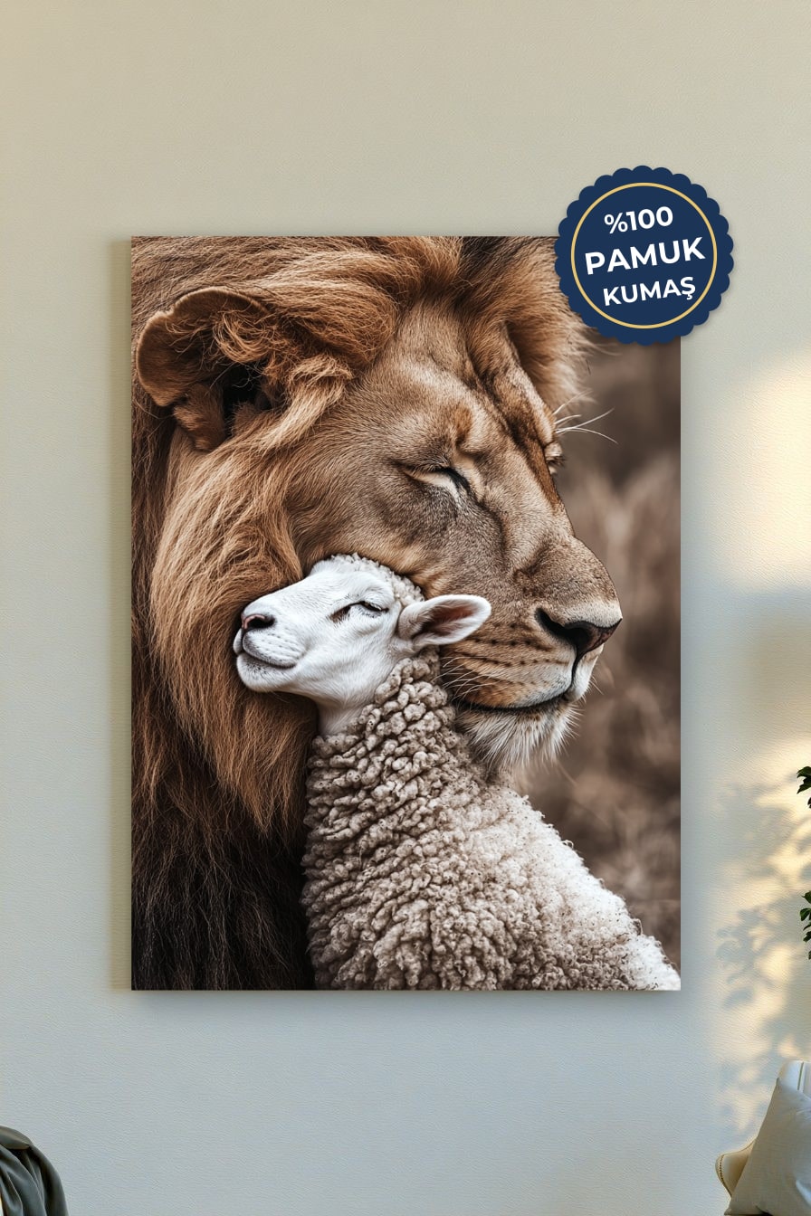 Aslan ve Kuzu Kanvas Tablo - Natürel Tonda Sanat
