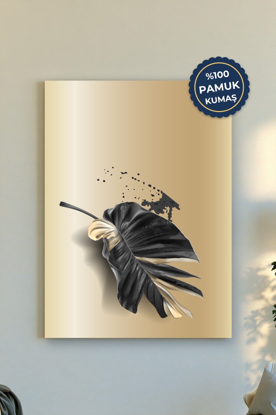 Siyah Yaprak Kanvas Tablo - Minimalist Bej Vurgusu
