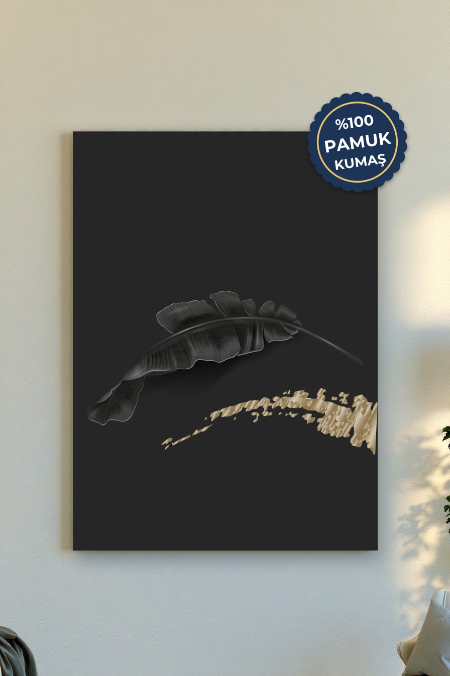 Minimalist Yaprak Kanvas Tablo - Siyah ve Altın Vurgusu