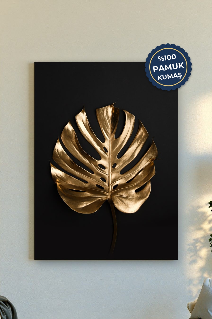 Altın Monstera Yaprağı Kanvas Tablo - Şık Minimalist Tarzı