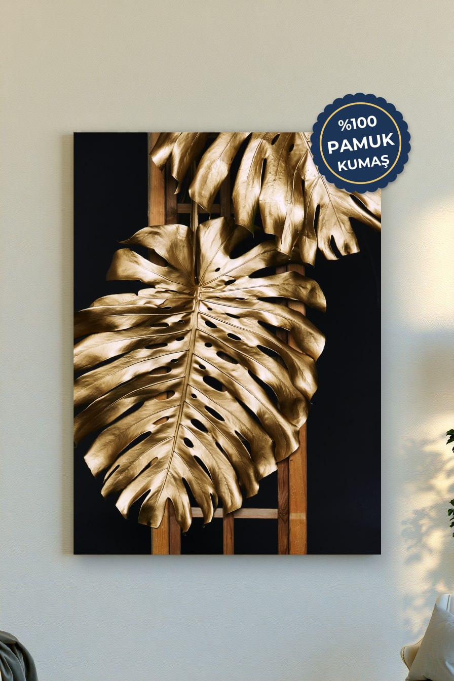 Altın Monstera Yaprağı Kanvas Tablo - Minimalist