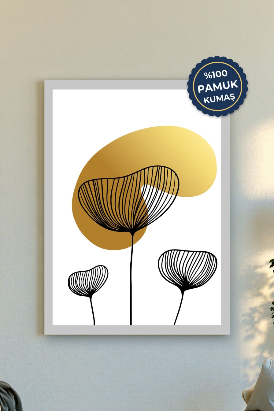 Minimalist Çiçek Kanvas Tablo - Altın Vurgulu