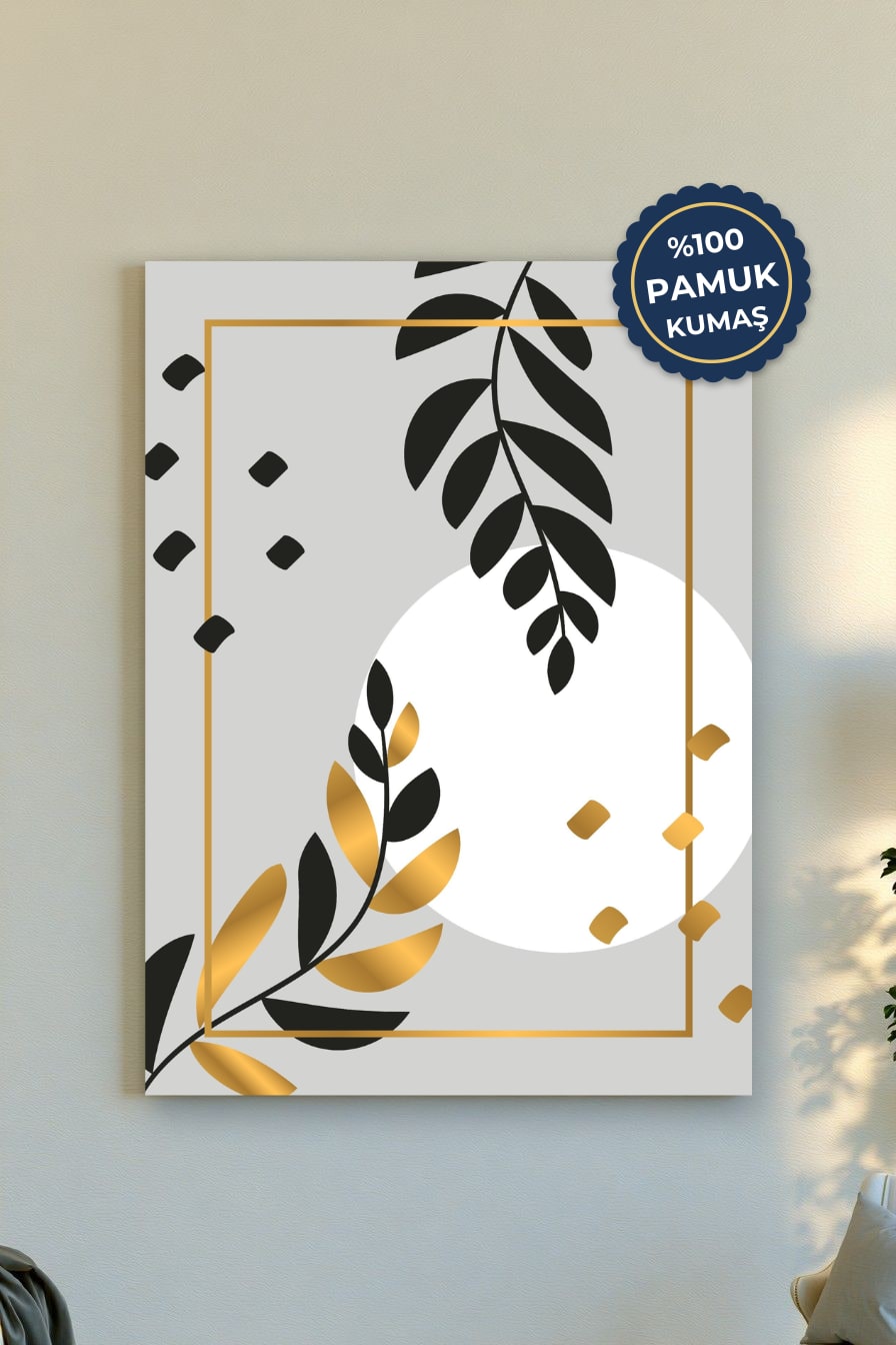 Minimalist Yaprak Kanvas Tablo - Altın Ve Siyah Vurgusu