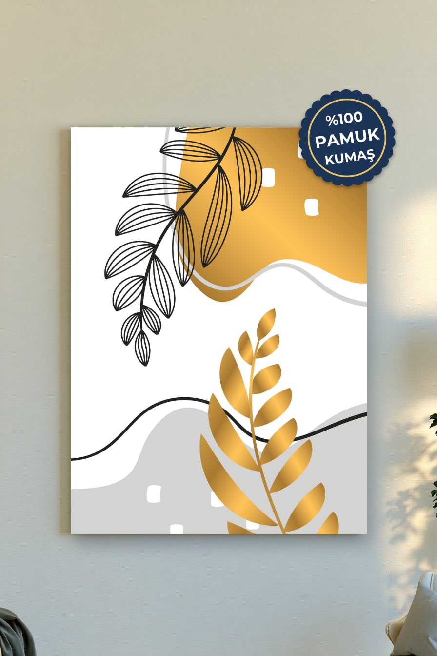 Abstrakt Yapraklar Kanvas Tablo - Altın ve Beyaz Vurgusu