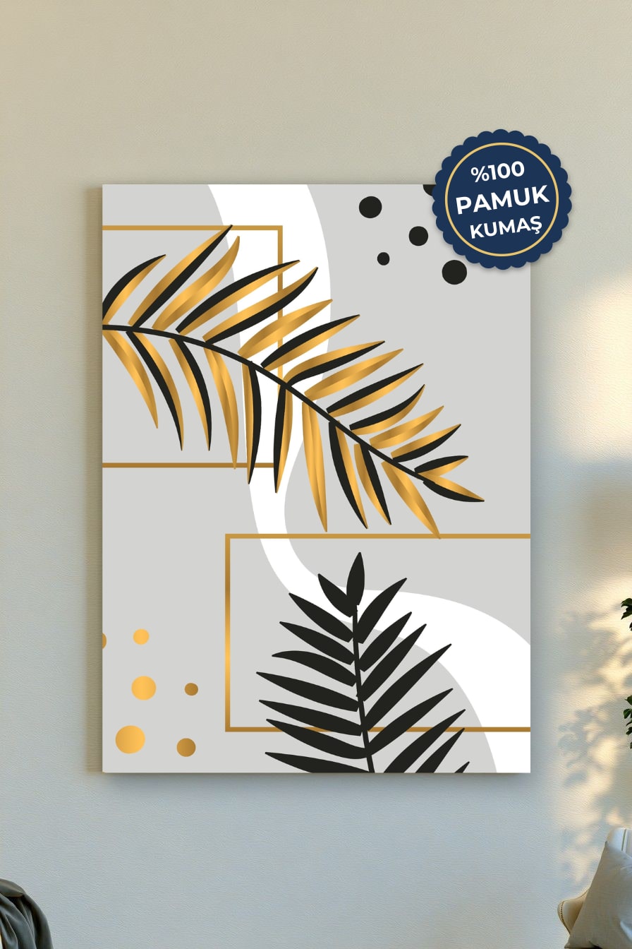 Modern Yaprak Kanvas Tablo - Siyah ve Altın Vurgusu