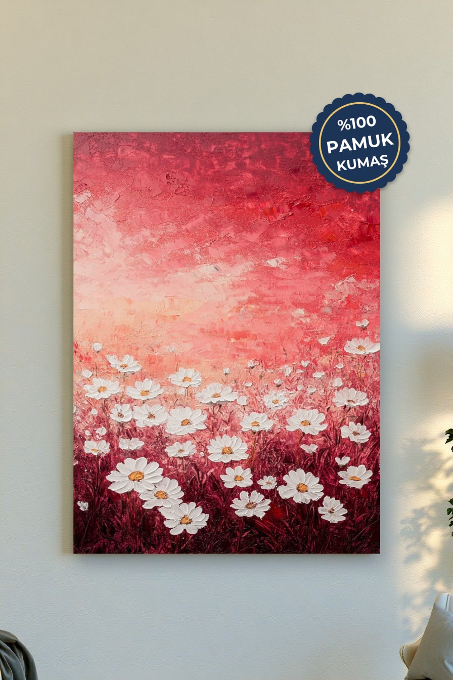 Beyaz Çiçekler Kanvas Tablo - Kırmızı ve Pembe Vurgusu