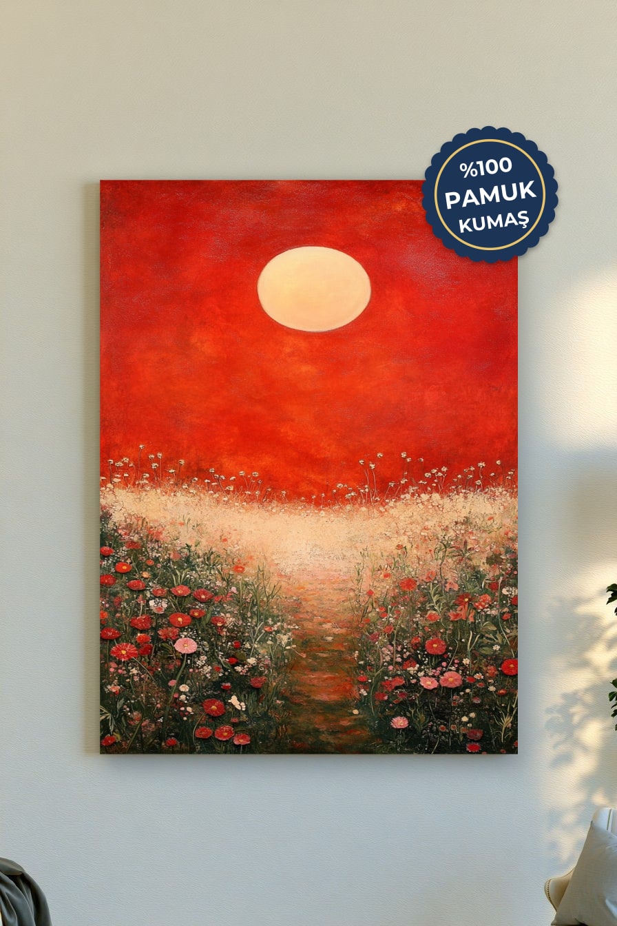 Güneşli Kır Manzarası Kanvas Tablo - Kırmızı ve Doğal Renkler