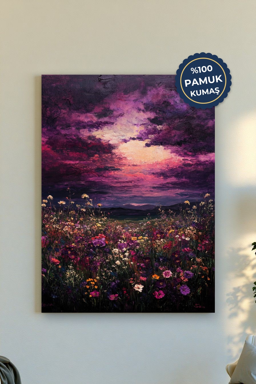 Çiçekler ve Gökyüzü Kanvas Tablo - Mor ve Pembe Vurgusu