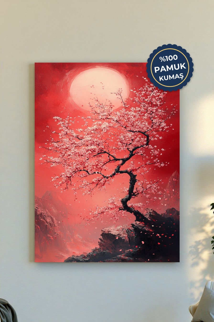 Çiçek Açan Ağaç Kanvas Tablo - Kırmızı Vurgulu Sanat