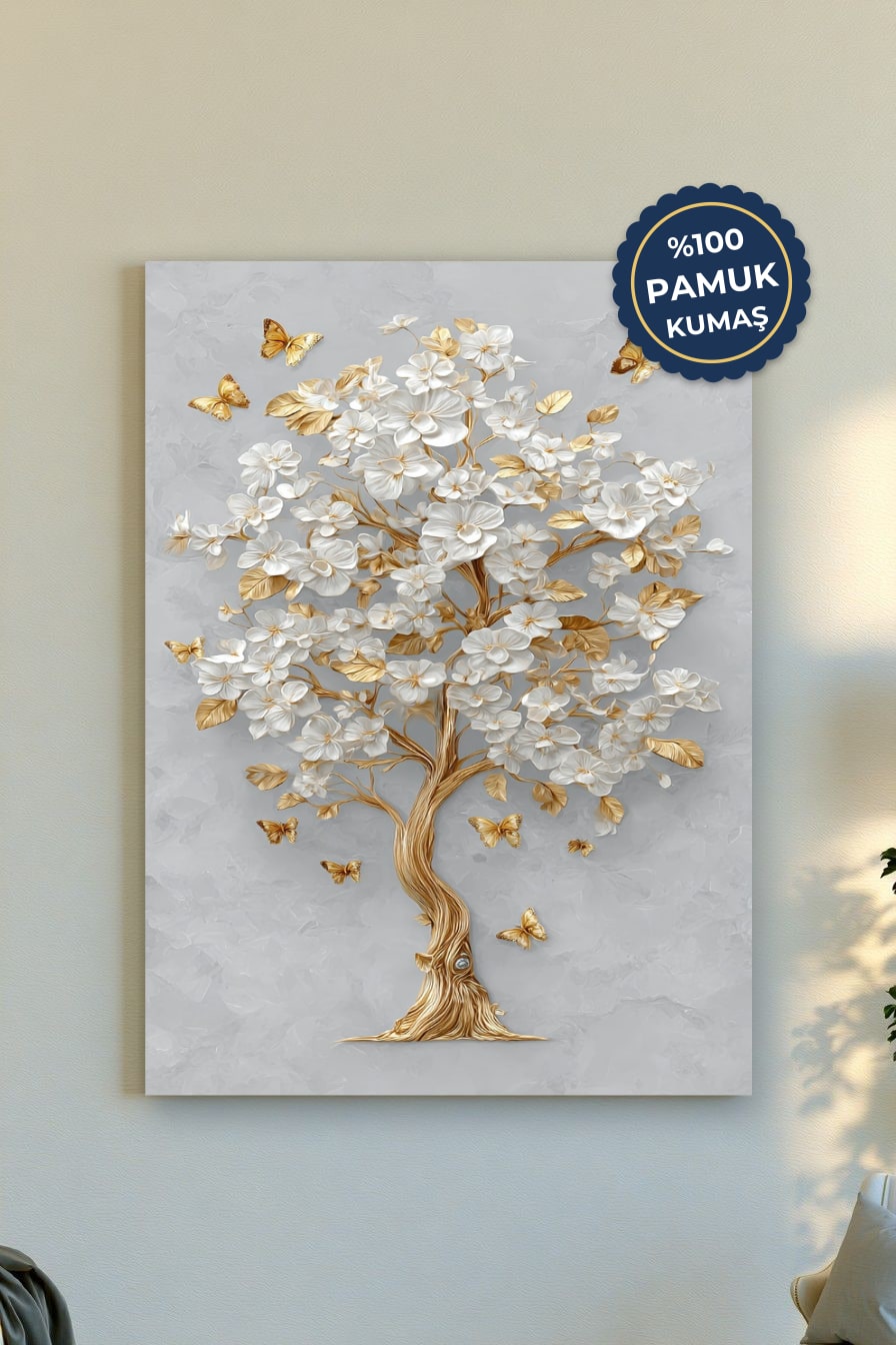 Beyaz Çiçekli Ağaç Kanvas Tablo - Modern ve Gold Vurgusu