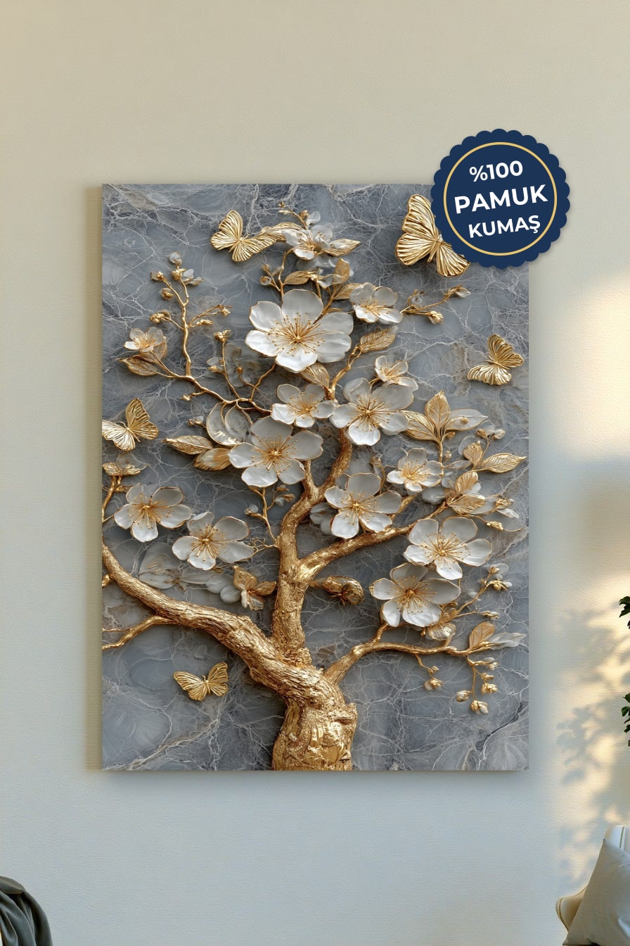 Gümüş Çiçekler ve Kelebekler Kanvas Tablo - Modern Vurgusu