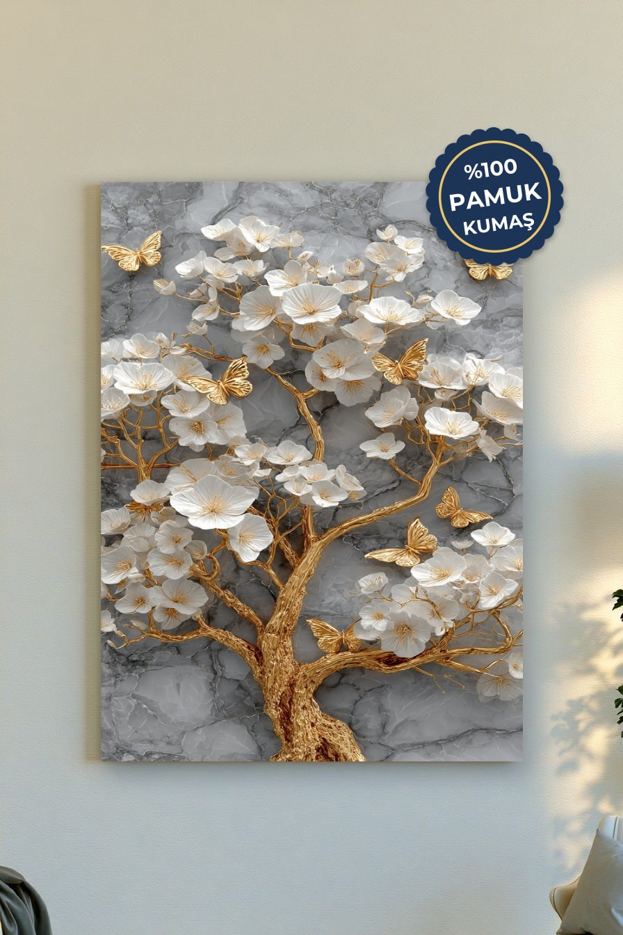 Çiçekli Ağaç Kanvas Tablo - Altın Vurgulu Modern Tarz