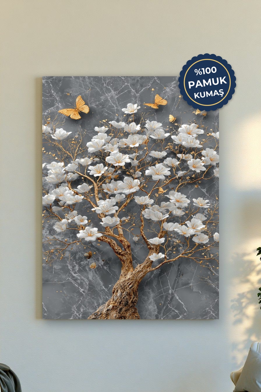Beyaz Çiçekli Ağaç Kanvas Tablo - Modern Altın Vurgusu