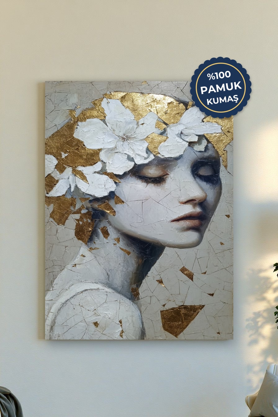 Çiçekli Kadın Portresi Kanvas Tablo - Modern Altın Vurgusu