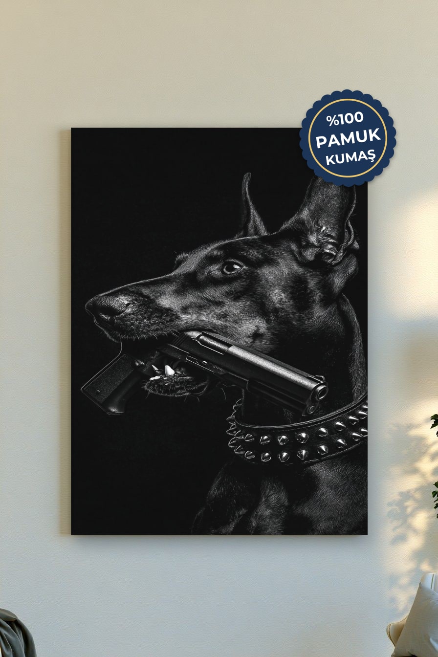 Köpek ve Silah Kanvas Tablo - Siyah Beyaz Vurgu