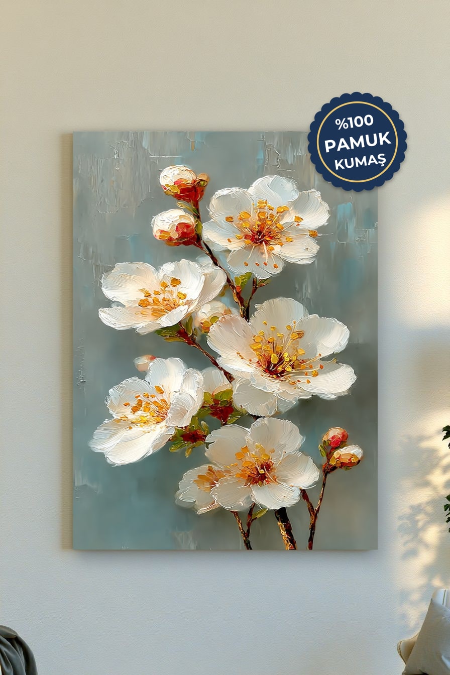 Beyaz Çiçek Kanvas Tablo - Pastel Renk Vurgusu