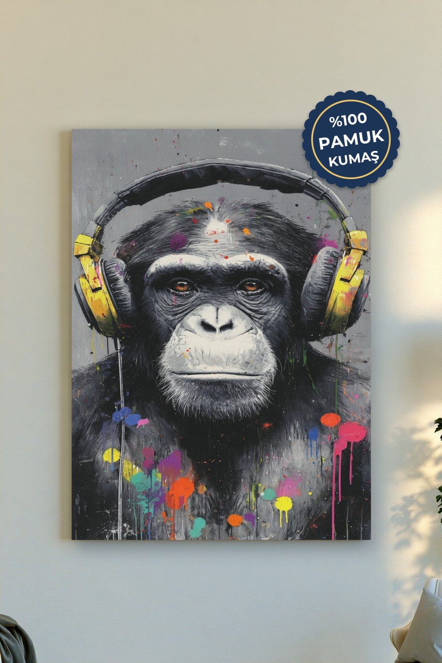 Müzik Dinleyen Maymun Kanvas Tablo - Renkli Soyut