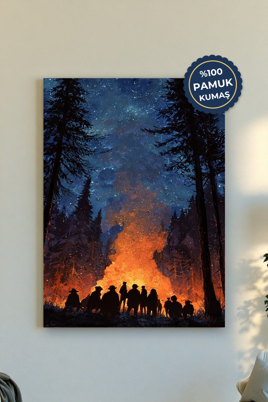 Kamp Ateşi Kanvas Tablo - Gece Gökyüzü Renk Vurgusu