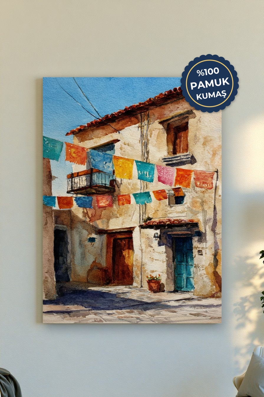 Renkli Bayraklar ile Sakin Sokak Kanvas Tablo - Pastel Tonlar