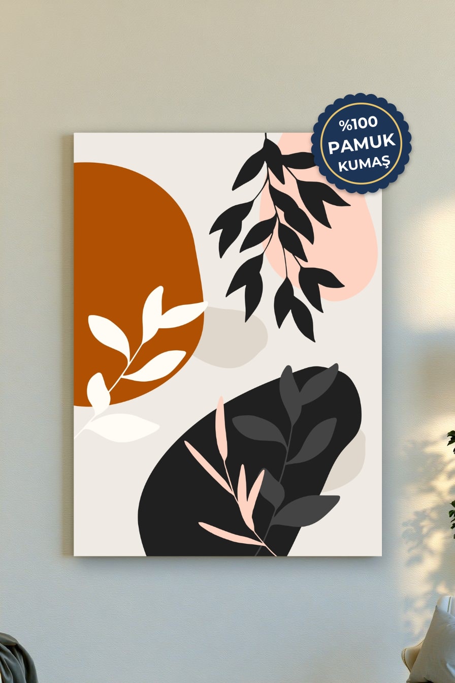 Siyah Yapraklar ve Renkli Şekiller Kanvas Tablo - Modern