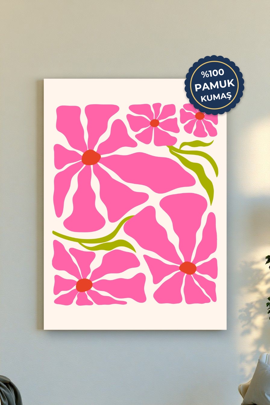 Çiçek Desenli Kanvas Tablo - Canlı Pembe Vurgusu