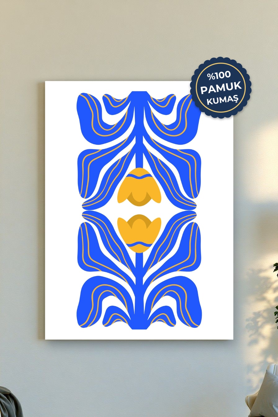Çiçek Desenli Kanvas Tablo - Canlı Mavi ve Sarı Vurgusu
