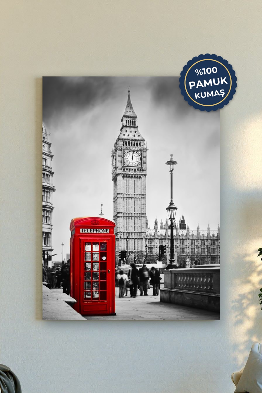 Londra İkonları Kanvas Tablo - Kırmızı Vurgulu Monokrom